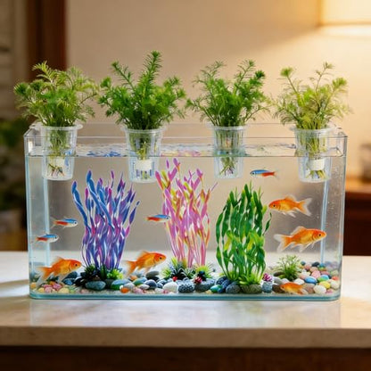 4 Pack Aquarium Plant Holder for Live Plants, Fish Tank Pothos Basket | with 24 Adjustable Hooks (3 Sizes) & 8 Suction Cups, Aquatic Planter for Aquascape Decorations, Emersed Plant Support