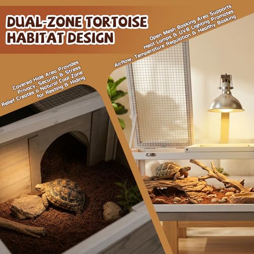Furniture Style Tortoise Enclosure with Stand, Dual-Zone Tortoise Habitat with Hide Area, Built-in Lamp Holder, Large Acrylic Viewing Window, Easy Assembly Indoor Reptile Habitat
