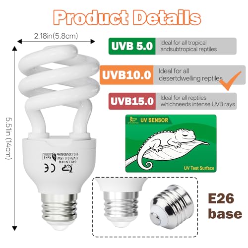 UVB Light for Reptiles 10.0: Bearded Dragon UVB Light for Desert Habitats,15W UVA UVB Reptile Light Bulb for Lizards Tortoises,Terrarium Compact Fluorescent Lamp-UVB Bulbs with Free UV Sensor Card - size: 5.5INCH-10.0