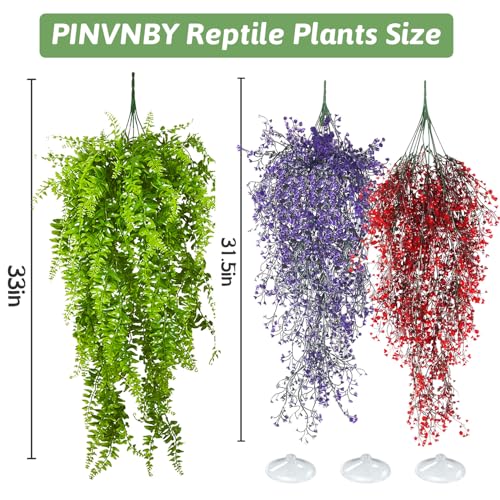 PINVNBY 3 Pack Reptile Plants Terrarium Hanging Fake Vines with Suction Cup Artificial Leaves for Bearded Dragons Lizards Geckos Snake Hermit Crab (Green, Purple and Red) - color: 3 Pcs ( Green, Purple and Red )