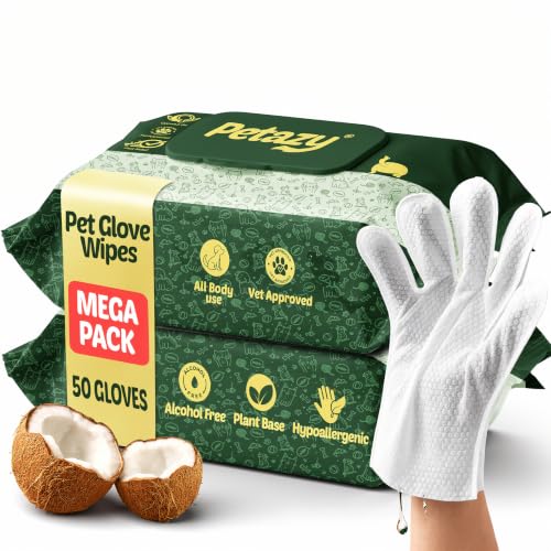Pet Glove Wipes for Dogs & Cats – Hypoallergenic Thick Cleaning Gloves with Aloe & Coconut Oil for Paws, Face, Ears & Butt, Instant No Rinse Grooming Wipes to Deodorize and Hydrate, 2x25 Pack - color: 2x25 Glove Wipes