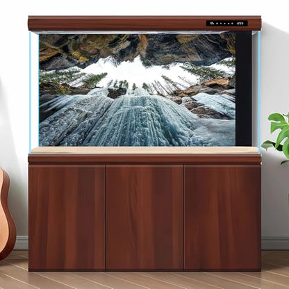 Winter Waterfall Aquarium Background Maligne Canyon of Rock Eroded Fish Tank Background Wintry Frosty Ice Waterfall Nature Landscape Terrarium Backgrounds Winter Pine Trees Tank Backgrounds 24x12in - color: Dark Brown, size: 24(W)x12(H)inches/ 60(W)*30cm(