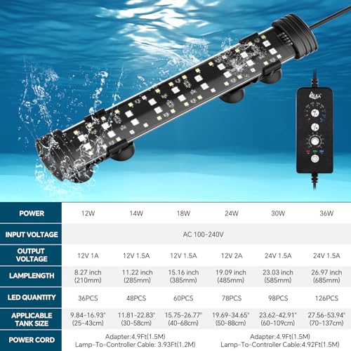 AQQA 26.97 Inch Submersible Aquarium Light, 24/7 Mode Fish Tank Light | 7 Adjustable Angles, 9 Color Options, 4 Rows Beads, Dimmable & Timer Control, IP68 Waterproof Full Spectrum Plant Light - size: 26.97In ( For 27.56''-53.94'' Length Fish Tank)