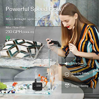 VIVOSUN 210GPH Submersible Fountain Water Pump for Pond, Aquarium, Statuary | 800L/H, 8W, Ultra Quiet Water Pump with 3.3ft High Lift and 5ft Power Cord, 2 Nozzles for Fish Tank, Hydroponics, Black - size: 5"×3"-210
