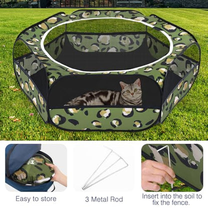 Pawaboo Small Animal Playpen with Zippered Cover, Leopard Print | Portable pop-up pet tent for supervised rabbits, guinea pigs, chicks and kittens; water-resistant bottom and 3 metal rods - color: T-Leopard Print