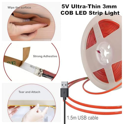 Ultra-Narrow 3mm USB COB LED Strip Lights Self-Adhesive, for Kitchen Cabinets, Bedroom, Gaming Desk (Red, 2ft) - color: Red, size: 2ft