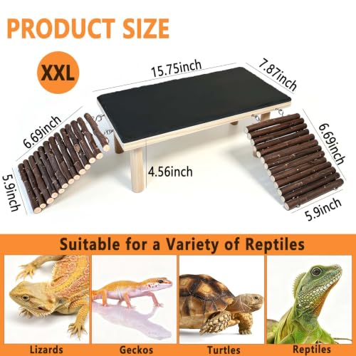 Bearded Dragon Basking Platform with Climbing Ramp,Reptile Basking Rock,XXL | Wooden Lizard Resting Platform Basking Rock Slate,Leopard Gecko Hide Cave Tank Accessories for Tortoise Snake - size: XXL: 15.75" x 7.87"x 4.56"