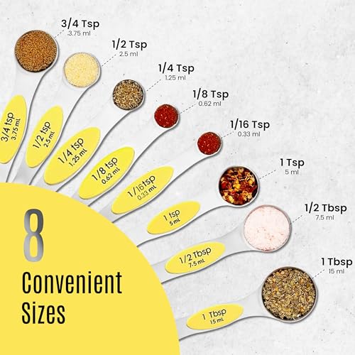 Magnetic Measuring Spoons Set of 9 Stainless Steel Dual-Sided Stackable Measuring Spoon Nesting Teaspoons Measuring Dry and Liquid Ingredients, Fits in Spice Jars Set of 9 (Yellow) - color: Yellow