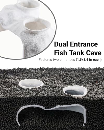 Dual-Entrance Rock-Texture Cave – Fish Tank Shelter & Aquarium Decor with 2 Tunnels, 6×3.4×2.3in (White) - color: White