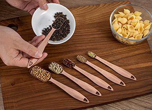 6-Piece 18/8 Stainless Steel Measuring Spoons Set, Rose Gold | Six Engraved US and Metric Sizes From 1/8 TSP to 1 Tbsp Fit Narrow Spice Jars and Stay Together On an O-shaped Ring - color: Rose Gold, size: 6 Piece