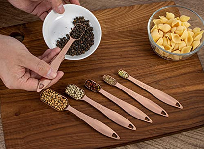 6-Piece 18/8 Stainless Steel Measuring Spoons Set, Rose Gold | Six Engraved US and Metric Sizes From 1/8 TSP to 1 Tbsp Fit Narrow Spice Jars and Stay Together On an O-shaped Ring - color: Rose Gold, size: 6 Piece
