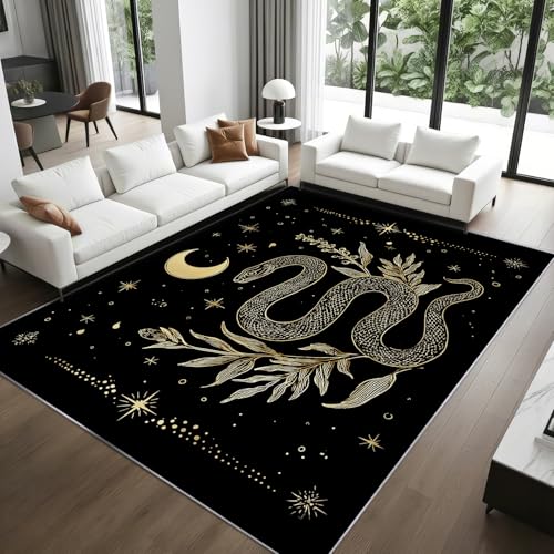 Snake Door Mat Indoor Entrance, Mystical Aesthetic Moon Washable Rugs for Entryway, 3x5 Rug Non Slip, Soft Low Pile & Stain Resistant Small Carpet, Gothic Witchy Celestial Home Decor Gifts - color: Black Gold, size: 3 x 5 ft