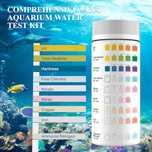 Aquarium Water Test Kit 9-in-1, Aquarium Ammonia Test Strips for Fish Tanks | Fish Ponds, 150CT Fresh and Salt Water Test Strips for pH Total Alkalinity Hardness Chlorine Nitrite Sulfate Copper Iron
