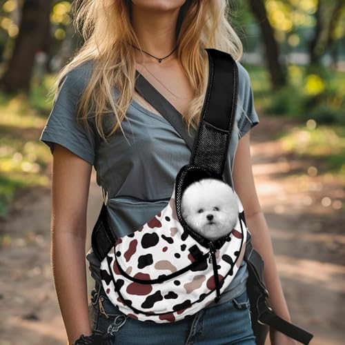COEQINE Hands-Free Rich Brown Cow Hide Front View Cat Sling Carrier Classic Mesh Bag Small Cats Ranch Outing - color: Brown Cow Print