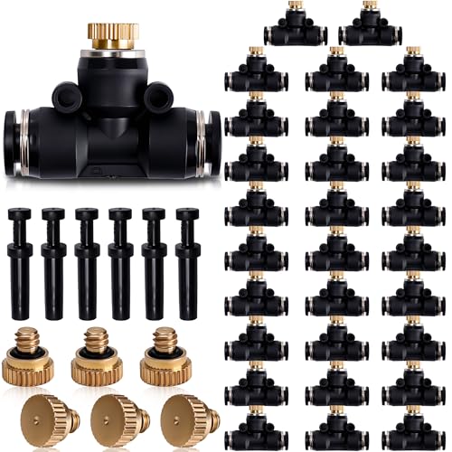 72 Pcs Brass Misting Nozzles Kit Includes 30 Heavy Duty Nozzles 30 Black Three Way Bases 6 Black Plastic Plugs 6 Brass Solid Plugs Suitable for Outdoor Cooling Systems