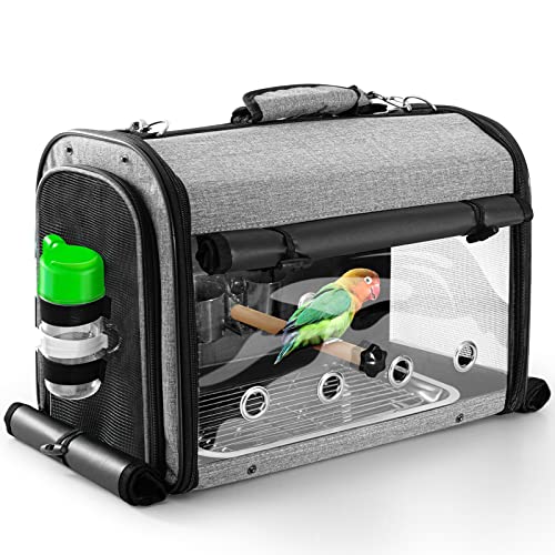 Bird Carrier Bag with Stand, Lightweight Backpack for Parrot, Portable Cockatiel Travel Cage with Accessories, Pet Transparent Breathable Carrier, Gray - color: Grey, size: 17.6"L x 10.6"W x 13.3"H