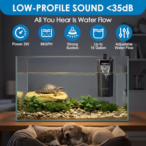 fishkeeper Turtle Tank Filter for Reptile Frog,Circulation Aquarium Filter | Adjustable Water Flow & 2 Filter Cartridges,2 Mounting Ways Low Water Level Quiet filters for turtle tank up to 15Gal