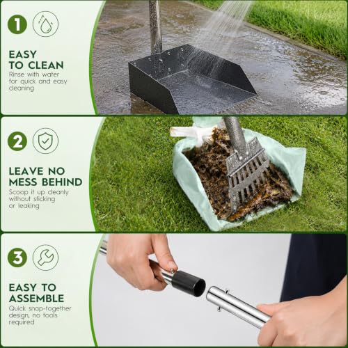 Long Handle Dog Pooper Scooper with Extension & Spare Poles, Stainless Steel Rustproof for Large Medium Dogs Yard Lawn | Ergonomic height adjustment, Four optional configurations, fits various grounds, easy to clean, free gloves & hook - size: Large 2‑Pc