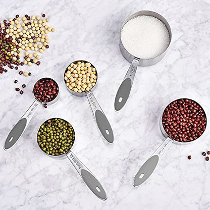 Wildone Stainless Measuring Cups and Spoons Set with Silicone Handle, 16pcs | 8 Measuring Cups and 8 Measuring Spoons, Nesting Design, Heavy Duty for Measuring Dry/Liquid Ingredients, Gray - color: Gray