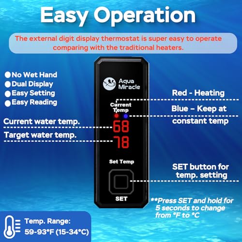 AquaMiracle 25W Small Aquarium Heater Fish Heater, Super Mini Fish Tank Heater Turtle Tank Heater for 3-5 Gal Tanks, with Dual LED Display, Dry-Run/Overheating Protection & Memory Function - size: 3-5 Gal Tanks