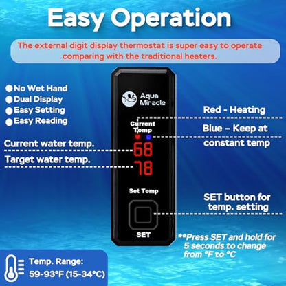 AquaMiracle 50W Small Aquarium Heater Fish Heater, Super Mini Fish Tank Heater Turtle Tank Heater for 5-10 Gal Tanks, with Dual LED Display, Dry-Run/Overheating Protection & Memory Function - size: 5-10 Gal Tanks