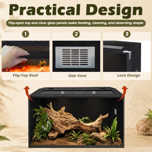 Bearded Dragon Tank, Reptile Enclosure, Tempered Glass Lizard Tank, Bearded Dragon Enclosure with Built-in Lamp Fixture and Wooden Roof for Chameleon (24x16x16 Inch, Black) - color: Black, size: 30 gallons