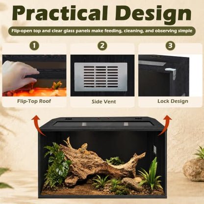 Bearded Dragon Tank, Reptile Enclosure, Tempered Glass Lizard Tank, Bearded Dragon Enclosure with Built-in Lamp Fixture and Wooden Roof for Chameleon (24x16x16 Inch, Black) - color: Black, size: 30 gallons