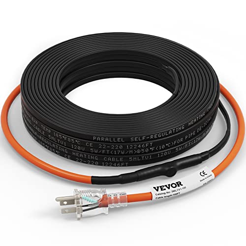 VEVOR Self-Regulating Pipe Heating Cable, 100-feet 5W/ft Heat Tape for Pipes Freeze Protection, Protects PVC Hose, Metal and Plastic Pipe from Freezing, 120V - size: 100 Feet