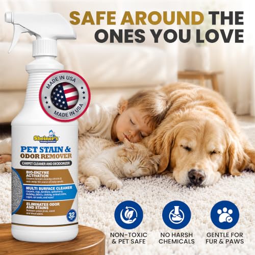 Sheiner's Pet Stain Remover & Pet Odor Eliminator, Advanced Cleaning Bio-Enzyme Cleaner Solution for Carpets, Rugs, Upholstery & Multi-Surfaces, Safe for Pets & Kids. (32 oz) - size: 32 Fl Oz (Pack of 1)