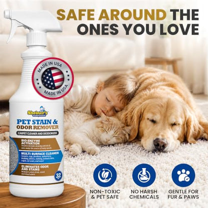 Sheiner's Pet Stain Remover & Pet Odor Eliminator, Advanced Cleaning Bio-Enzyme Cleaner Solution for Carpets, Rugs, Upholstery & Multi-Surfaces, Safe for Pets & Kids. (32 oz) - size: 32 Fl Oz (Pack of 1)