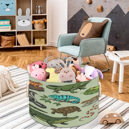 Large Storage Baskets - Reptiles Amphibians Nursery Round Organizer Bin Box with Handles, Collapsible Laundry Hamper for Kids Toys, Blanket, Bedroom Living Room Home Decor, Gift Basket