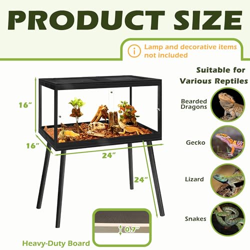 Bearded Dragon Tank with Leg Stand 22 Gallons, Wooden Lizard Tank,Reptile Tank with Metal Mesh Roof Door, Acrylic Panel Snake Tank with Lock Design (Black, 24"x16"x16") - color: Black, size: 24"x16"x16"