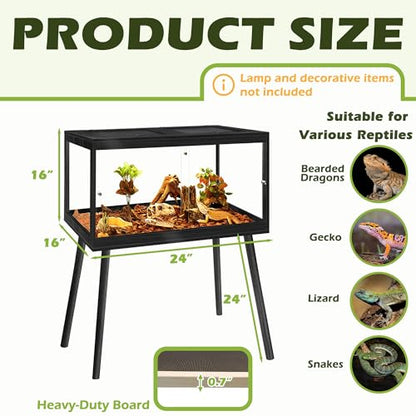Bearded Dragon Tank with Leg Stand 22 Gallons, Wooden Lizard Tank,Reptile Tank with Metal Mesh Roof Door, Acrylic Panel Snake Tank with Lock Design (Black, 24"x16"x16") - color: Black, size: 24"x16"x16"