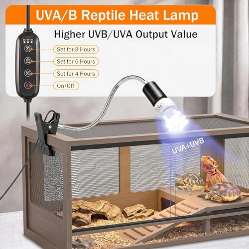 Reptile Heat Lamp,UVB Light for Reptiles Turtle/Lizard,UVB/A 10.0 13W Bulb | Heat Lamp with Clamp for Bearded Dragon and Terrarium, UVB Light for Reptiles with Timer, 50W Sunbathing Bulb