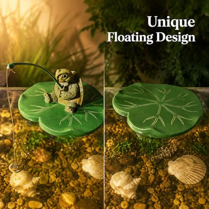 Resin Floating Reptile Ornament on Leaf Pad - Hand-Painted Aquarium Figurine in Small Sizes, Foam Resin Float with Fishing Pose for Fish Tank, Paludarium, Terrarium and Mini Water Garden