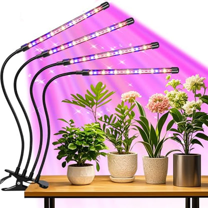 4 Head LED Plant Grow Light, Full Spectrum Clip on Plant Growing Light with Red, Blue, Yellow Beads, 10 Brightness Levels, 3 Light Modes, 3/9/12H Auto Timer,Suitable for Indoor Plants - size: Red+Blue+Yellow-4Head 1Pack