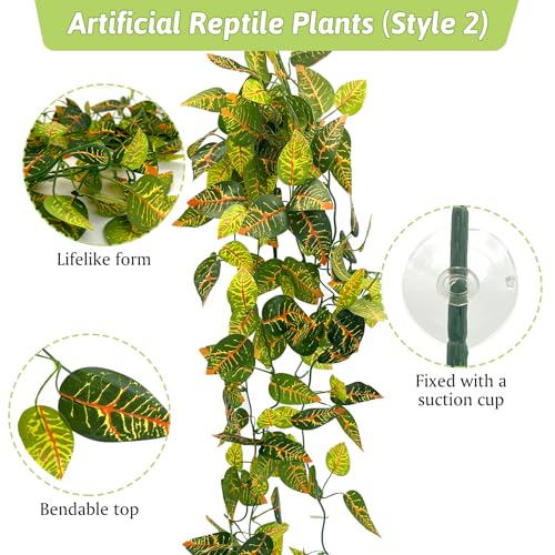 Hamiledyi Reptile Plants for Terrarium Hanging Fake Leaves with Suction Cup | 5 Pack Artificial Snake Foliage, Bearded Dragon Tank Greenery Reptile & Amphibian Habitat Plant for Chameleon Gecko (Style 3) - size: 5 PCS - Style 3