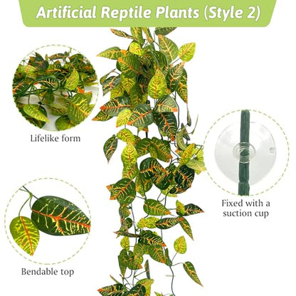 Hamiledyi Reptile Plants for Terrarium Hanging Fake Leaves with Suction Cup | 5 Pack Artificial Snake Foliage, Bearded Dragon Tank Greenery Reptile & Amphibian Habitat Plant for Chameleon Gecko (Style 3) - size: 5 PCS - Style 3