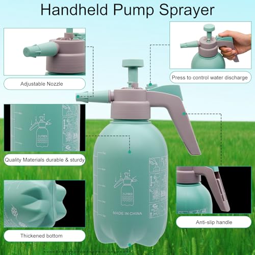 68oz Garden Pump Sprayer, 2L Hand Pressure Sprayer Bottle with Safety Valve, 0.5 Gal Lawn Adjustable Sprayer for Plant Mister Spraying Weeds Home Cleaning Watering (Light Blue)