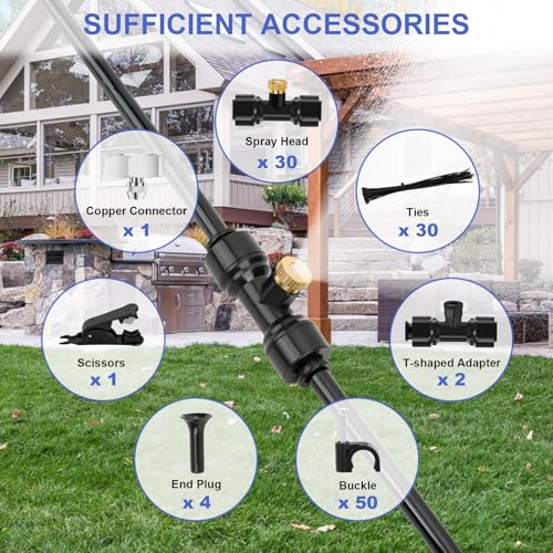 GMAULEE Misting Cooling System, DIY 98.5FT(30M) Misting Line +30 Brass Mist Nozzles+ a Brass Connector(3/4'') Outdoor Mister System for Patio Waterpark Garden Trampoline Greenhouse - size: 98.5 ft (30M)+30 Brass