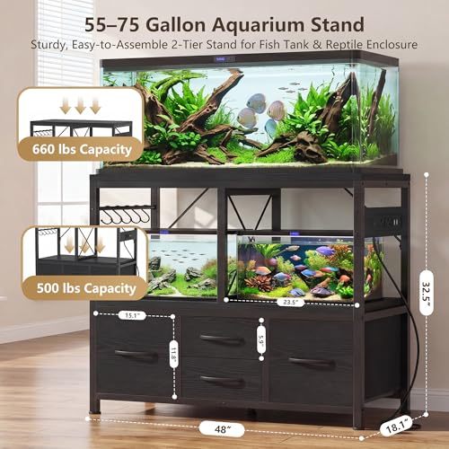 Heybly 55-75 Gal Fish Tank Stand with Drawer, Power Outlet, Black HAS005BK | Aquarium Stand, Heavy Duty, for Fish Tank, Turtle & Reptile Terrarium, 48" L × 18.1" Top, 660lbs (Top)+400lbs(Mid) - color: Black, size: 55-75 gal