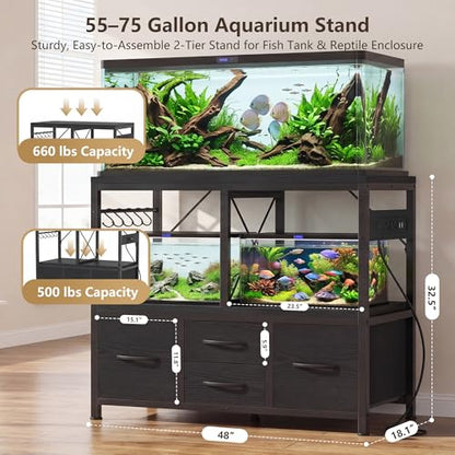 Heybly 55-75 Gal Fish Tank Stand with Drawer, Power Outlet, Black HAS005BK | Aquarium Stand, Heavy Duty, for Fish Tank, Turtle & Reptile Terrarium, 48" L × 18.1" Top, 660lbs (Top)+400lbs(Mid) - color: Black, size: 55-75 gal