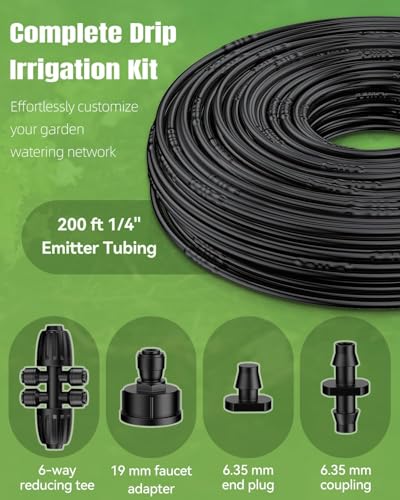 Pawfly 200 ft 1/4 Drip Irrigation Tubing, 1/4" Emitter Tubing with 6" Spacing, Polyethylene Drip Line with 24 Parts, Black Distribution Tubing for Drip Irrigation System, Drip Irrigation Hose Roll - size: 200 FT Kit with Emitters Drip Irrigation Tubing