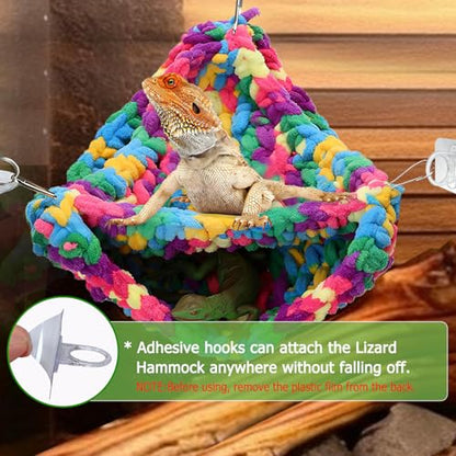 QWR Hand-Knitted‌ Soft Lizard Hammock,Double-Layer Hammock for Bearded Dragon Tank,Hanging Reptile Swing Hammock with Strong Adhesive Hooks,for Lizard Gecko Chameleon Hide(Triangular)