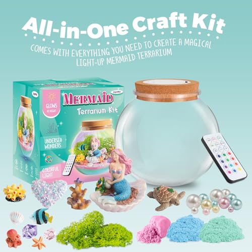 JOYEEMAX Mermaid Light-Up Terrarium Kit for Kids - LED Night Light Birthday Gift for Girls Ages 4 5 6 7 8-12 Year Old - Mermaid Toys for Girls - DIY Arts and Crafts Kit for Kids - style: Mermaid