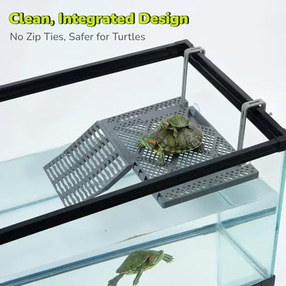 Large SolidForm Hanging Turtle Basking Platform with Built-in Food Tray, Zero Zip-Tied, Non-Slip Ramp Terrace, Resting Turtles Dock, for 60–120 Gallon Aquariums Turtle Turtle Tank Accessories - size: Large（12.6×8.7inches）
