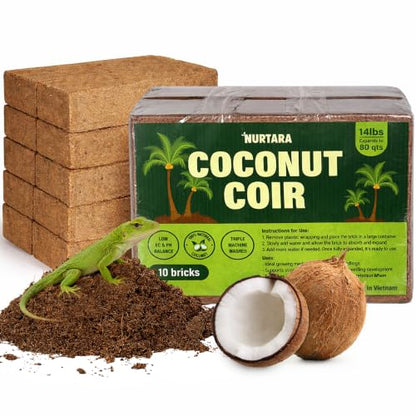 Coconut Coir Bricks, 10 Pack, 14lbs Coco Peat for Plants & Reptiles | Expands to 80 qt, 10 compressed coir bricks, seed starting, potting mix base, soil amendment, low EC, pH balanced - size: 14 Lbs (Pack of 10)