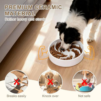 Ceramic Slow Feeder Dog Bowl, 3 Cup Dog Food or 25oz Water, Slow Eating Bowl for Middle Breed, Maze Puzzle Feeder for Fast Eaters, Anti-Choking Stop Bloat, Non-Slip BPA Free (White) - color: White