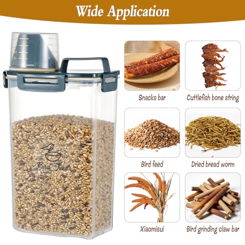 2 Pcs 3.17 Qt/3 L Bird Seed Storage Container Airtight- Portable Bird Food Container with Airtight Measuring Cup, Clear Pet Parrot Seed Dispenser for Birds Food Chicken Feed Storage, Blue Lid