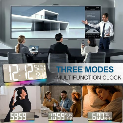 17.2-Inch Large Mirror Digital Wall Clock with Remote Control, RGB Mood Light, Extra-Large LED Display, Auto Dimming,Date, Day, Temp, Countdown Timer for Home, Gym, Office and Classroom (White) - color: White